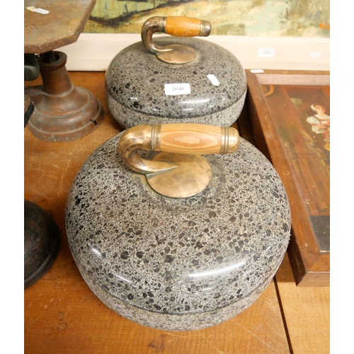 2040 - Pair of Vintage Granite Curling Stones with Brass Handles.