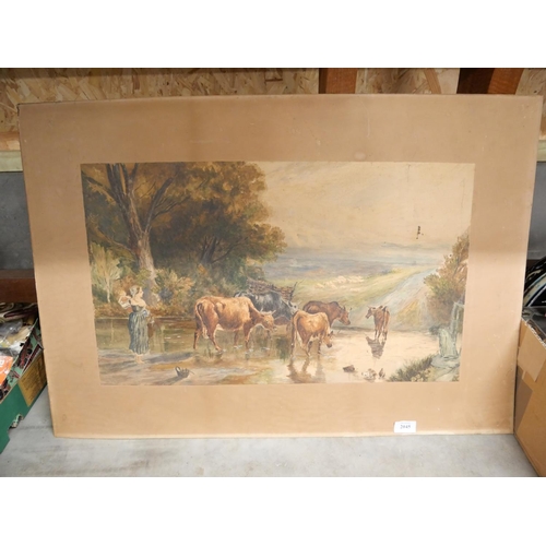 2045 - Victorian Watercolour - Animals by River with Attendant Female Figure, approx 62 x 36cm.