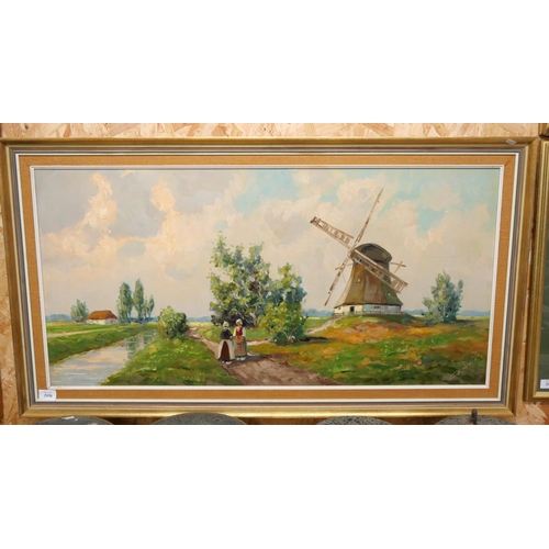 2058 - Large Oil Painting - Dutch Canal Scene, indistinct signature, approx 97 x 48cm.