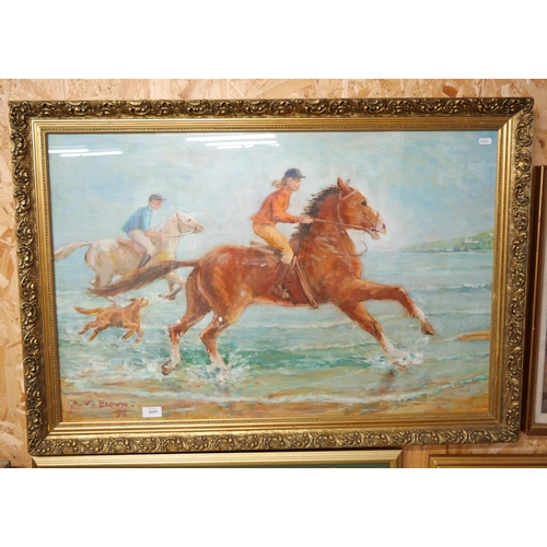 2059 - Framed Oil Painting - Horses Galloping Along Shoreline by A W Brown, approx 86 x 56cm.