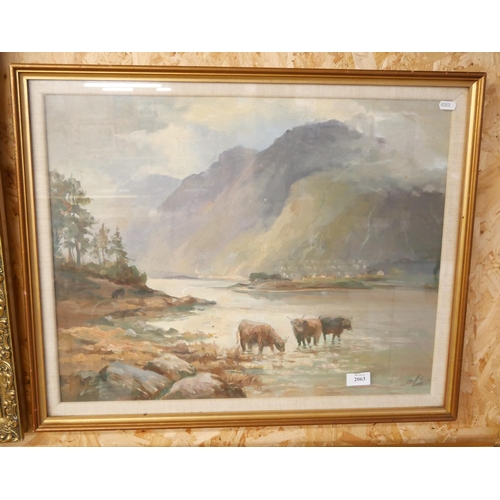 2063 - Framed Oil Painting - Mountainous Landscape with Highland Cattle in Foreground, approx 58 x 45cm.