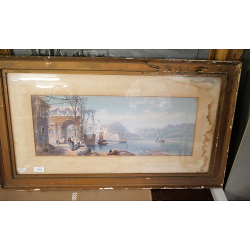 2066 - Large Victorian Framed Watercolour - Italian Lake Scene, approx 60 x 23cm.