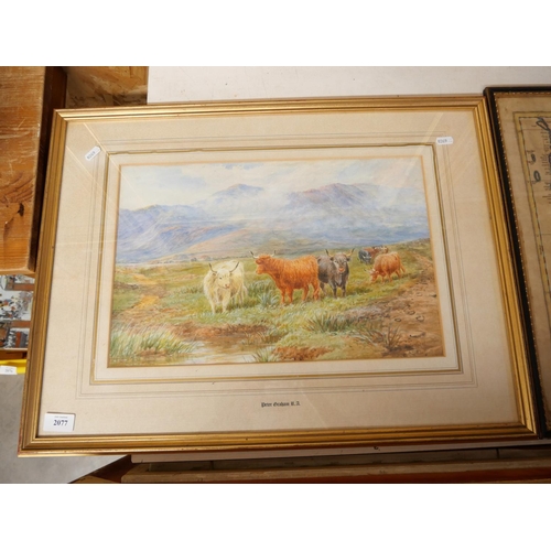 2077 - Framed Watercolour - Highland Cattle in Landscape by Peter Graham RA (1836-1921).