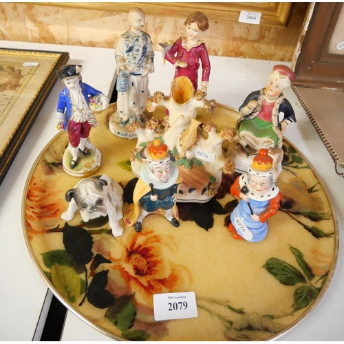 2079 - Tray Lot - Assorted China Figures, Bulldog etc.