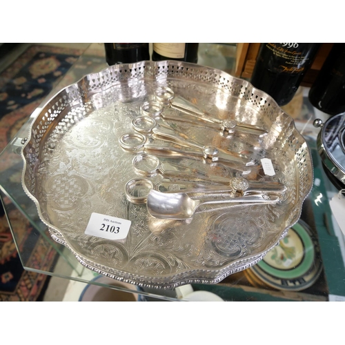 2103 - Silverplated Salver, Three Pairs of Shaw Savill Line Grape Scissors & Spoon.