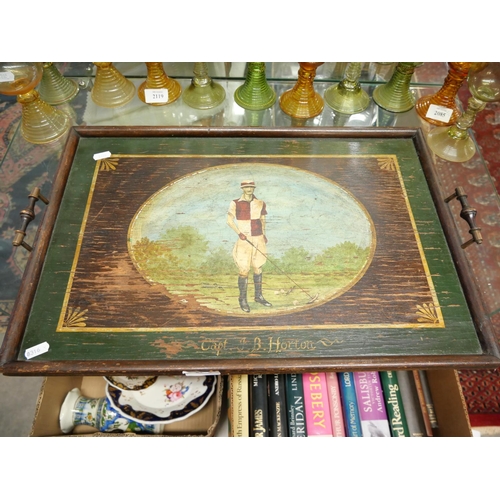 2120 - Wooden Tea Tray Decorated with Polo Player.