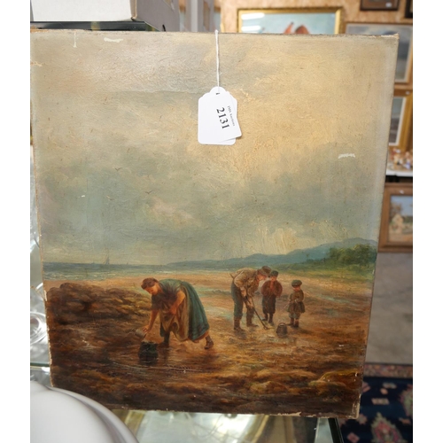 2131 - Unframed Oil Painting - Cockle Pickers on Shore Line - approx. 30cm x 26cms