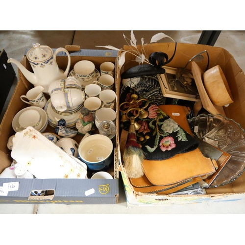 2148 - Two Boxes - Handbags, Part Tea Sets, Wooden Bowls etc.