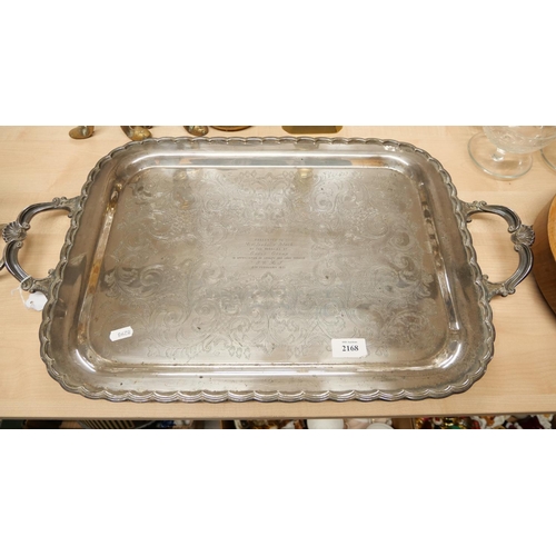 2168 - Large Two Handled Silver Plated Tray - approx 64cms at widest point