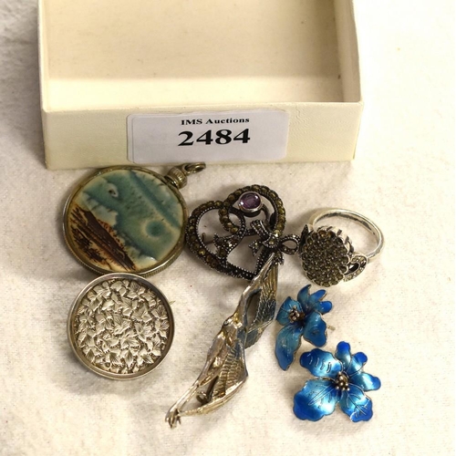 2484 - 4 Silver Brooches, Silver Marcasite Ring & Enamel Earrings