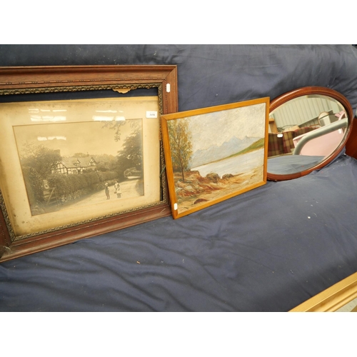 3058 - Vintage Oval Mirror, Loch Scene Painting & Vintage Photograph