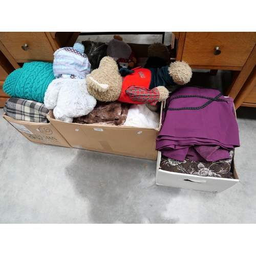 3079 - 3 Boxes- Woolen Jumpers, Scarves, Soft Toys & Assorted Linen