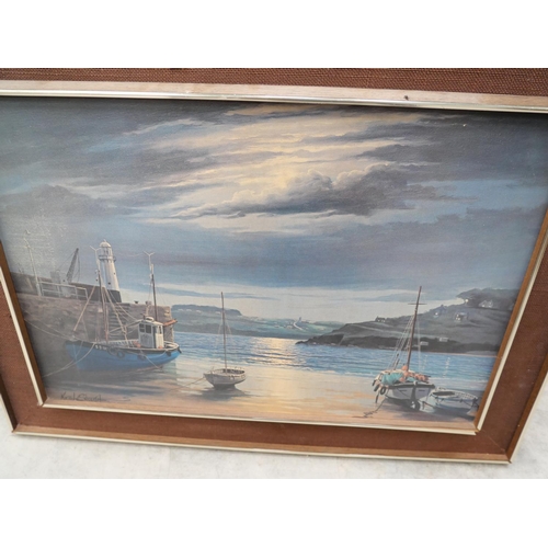 3085 - 1970s Print, Moonlit Harbour Scene by Keith English. Approx 75cm x 50cm