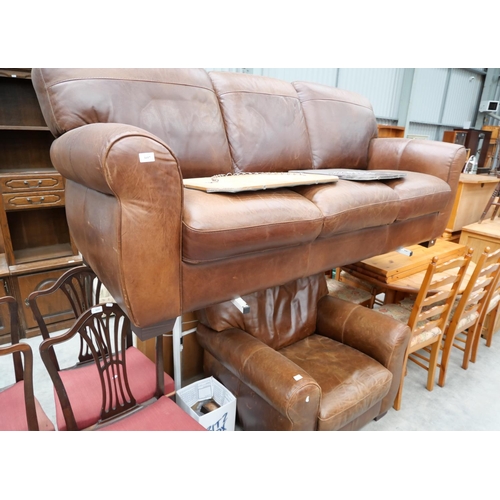 3097 - 3 Seater Leather Sofa & Armchair