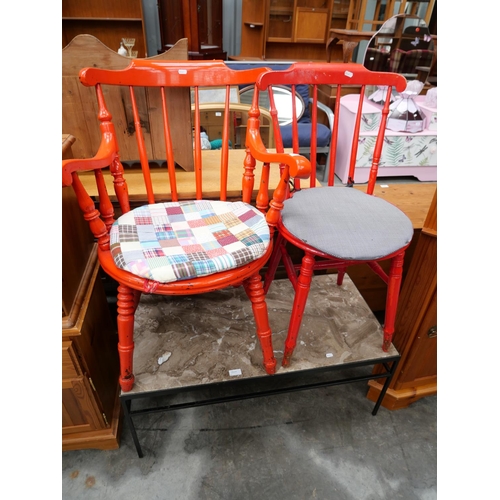 3104 - Iron Framed Coffee Table & 2 Red Spar Back Kitchen Chairs