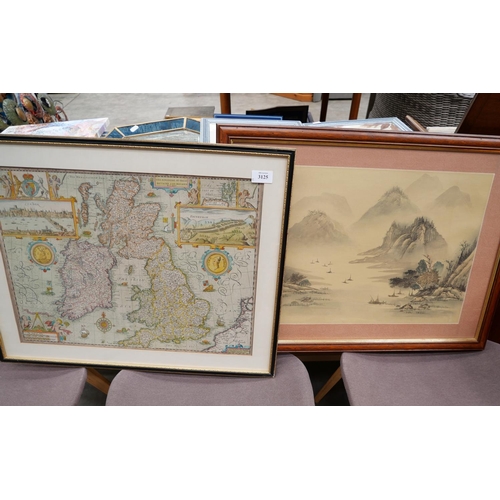 3125 - Framed Chinese Mountain Scene & Framed Old Map Of United Kingdom