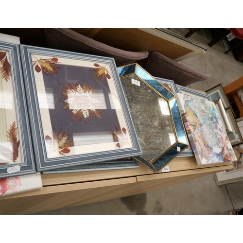 3135 - Assorted Framed Dried Flowers, Hexagon Mirror Etc..