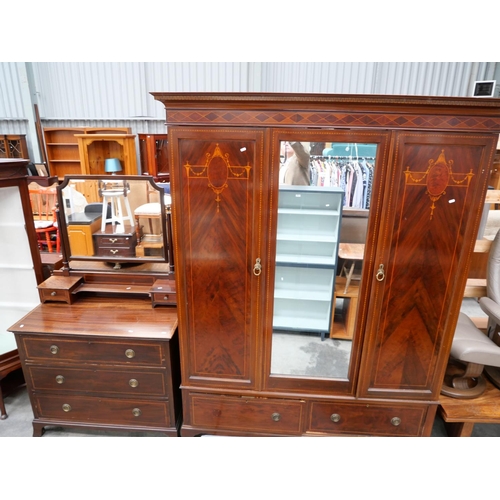 3149 - Bedroom Suite, Mahogany Inlaid Mirror Front Wardrobe and Mahogany Dressing Table