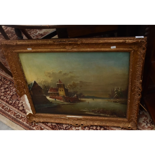 3317 - Gilt Framed Oil on Canvas - Figures Skating on a Lake (a/f)