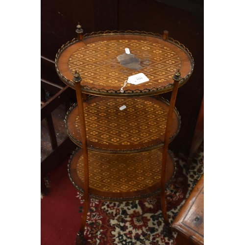 3332 - French Inlaid Three Tier Etagere with Brass Galleries and Finials