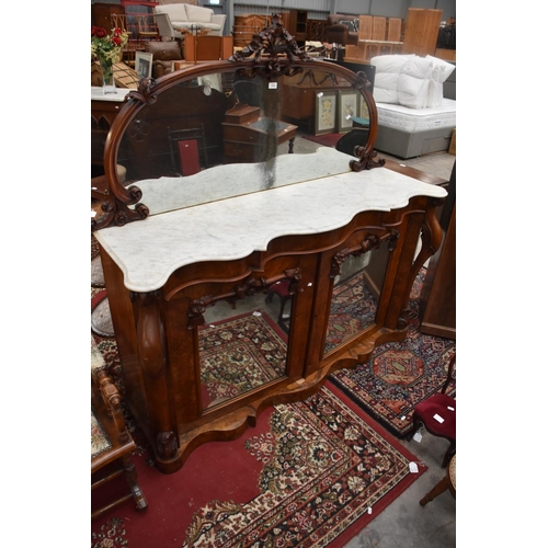 3336 - Victorian Marble Top Mirror Back Walnut Chiffonier with Mirrored Doors