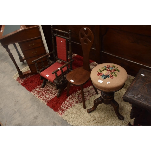 3341 - Min American Rocker, Wooden Spinning Chair and Carved Revolving Piano Stool with Tapestry Top