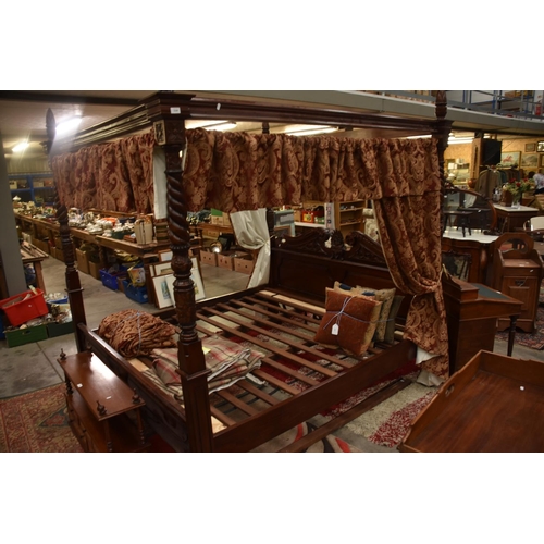 3349 - Carved Mahogany Superking Fourposter Bed with Matching Curtains & additional mid brown tartan checke... 