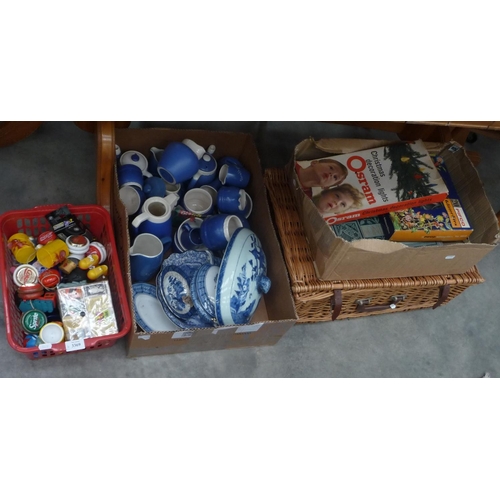 3369 - Four Boxes - Blue and White China, Yo Yo, Christmas Decoration Lights, Picnic Hamper, Books etc