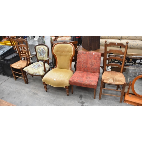 3414 - Pair of Rush Ladder Back Chairs, Victorian Nursing Chair etc