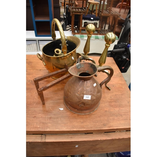 3425 - Jelly Pan, Copper Jug, Brass Fire Dogs etc