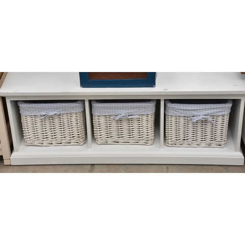 3477 - White Painted Storage Bench with 3 Lined Wicker Baskets