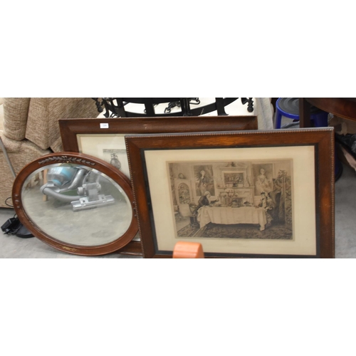 3499 - Two Framed Prints and Oval Wall Mirror