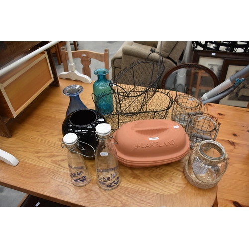 3555 - Lakeland Glazed Terracotta Roaster, Collectable Glass Bottles  & Wired Baskets Etc.