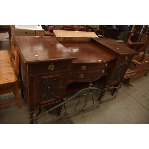 3557 - Large Edwardian Mahogany Sideboard  With Carved Panel Doors & iron and brass lyre shape back rail(18... 