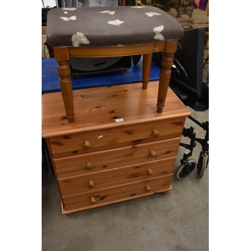 3605 - Pine Four Drawer Chest & Dressing Table Stool