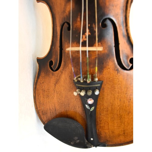 1328 - Antique Violin & Bow - paper label reads 