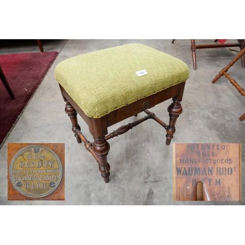 Victorian Mahogany, New Patent Wadman Brothers of Bath Stool, Stamped Number 431