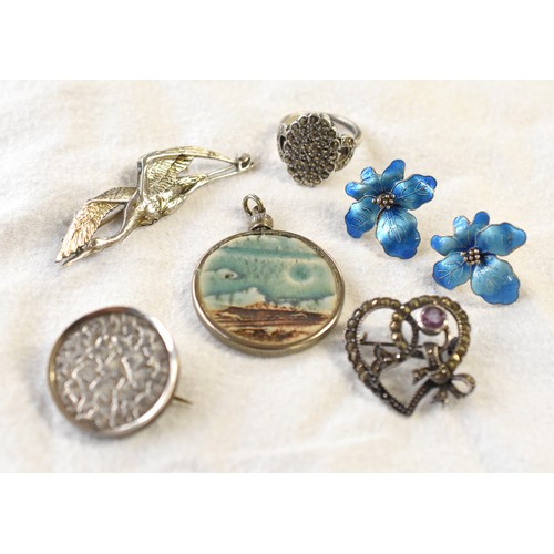 4 Silver Brooches, Silver Marcasite Ring & Enamel Earrings