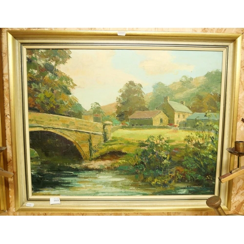 1019 - Framed Oil Painting - Village Scene with Stone Bridge in Foreground, signed B. Claughton, approx 64 ... 