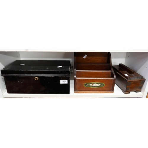 1024 - Japanned Metal Cash Box, Cutlery, Napkin Rings, Stationery Rack & Lidded Box.