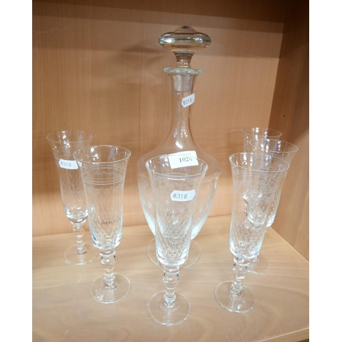 1028 - Etched Glass Decanter & Six Matching Glasses.