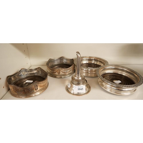 1045 - Two Pairs of Silverplated Wine Coasters & Wine Funnel.