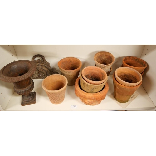 1050 - Collection of Vintage Terracotta Plant Pots, Cast Iron Miniature Campana Urn & Cast Iron Crest.