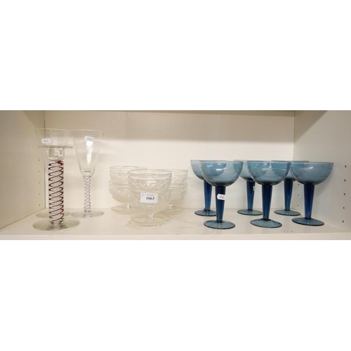 1063 - Set of Six Blue Stemmed Glasses, Candle Holder, Sundae Dishes etc.