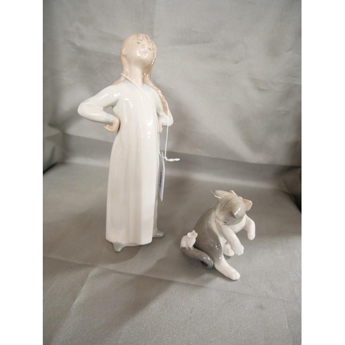 1084 - Two Lladro Porcelain Ornaments - Cat & Young Girl.