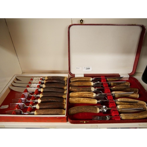 1088 - Two Cased Sets of Horn Handled Cutlery.