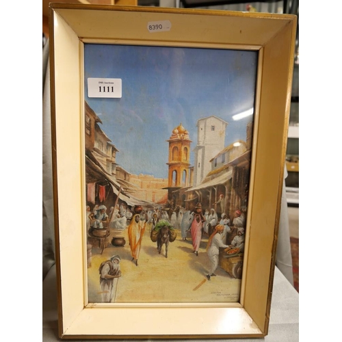 1111 - Framed Painting - Udaipur Rajputana India Market Scene by J Cameron 1941, approx 19 x 30cm.