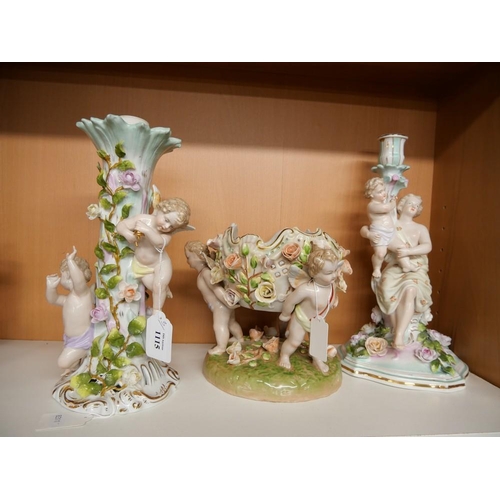 1115 - Two Decorative Continental Porcelain Figure Groups & Similar Candle Holder.