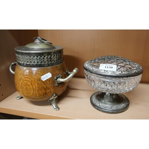 1130 - Oak Biscuit Barrel with Plated Mounts & Rose Bowl.