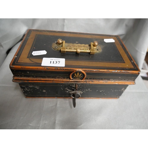 1137 - Victorian Antique Japanned Metal Cash Box with Brass Handle.